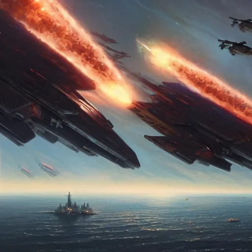 Prompt: A highly detailed Sci-Fi concept art matte oil painting by Greg Rutkowski and Thomas Kinkade of an epic Space battle , Two massive capital ships firing at it each other ,while small fighter ships fly in formation ready to attack , planets in the background .