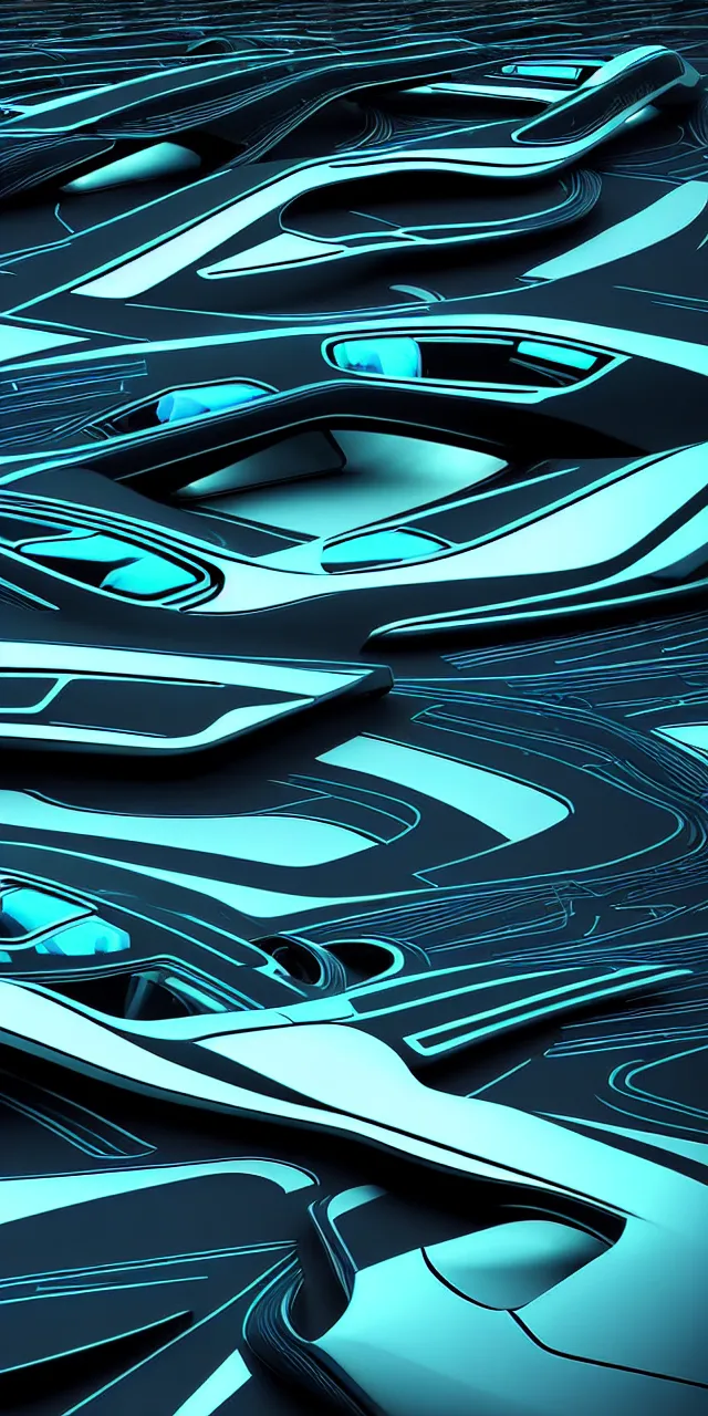 Image similar to A seamless pattern of a futuristic sci-fi concept car by zaha hadid ash thorp khyzyl saleem, futuristic car, Blade Runner 2049 film, TRON, large patterns, Futuristic, Symmetric, keyshot product render, plastic ceramic material, shiny gloss water reflections, High Contrast, metallic polished surfaces, seamless pattern, white , grey, black and aqua colors, Octane render in Maya and houdini, vray, ultra high detail ultra realism, unreal engine, 4k in plastic dark tilt shift
