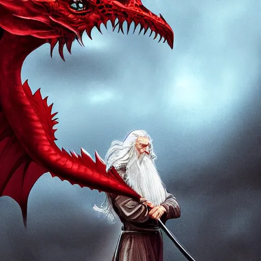 Prompt: gandalf riding a huge red dragon, highly detailed, digital art