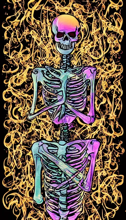 Image similar to skeleton vaping with psychedelic background