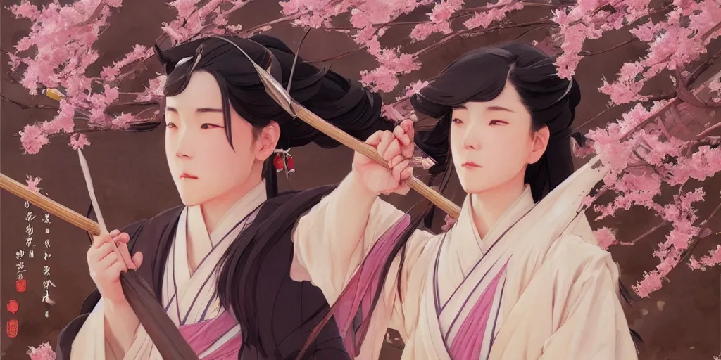 Image similar to wuxia, cherry blossom, in the style of studio ghibli, j. c. leyendecker, greg rutkowski, artem