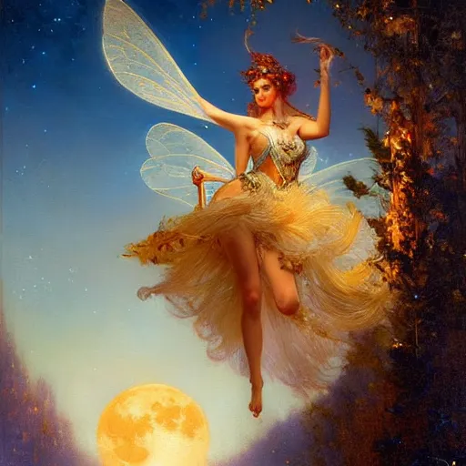 Image similar to attractive fairy magically floating high in the night, fantasy, full moon in background. highly detailed painting by gaston bussiere, craig mullins, j. c. leyendecker, sharp focus, 8 k