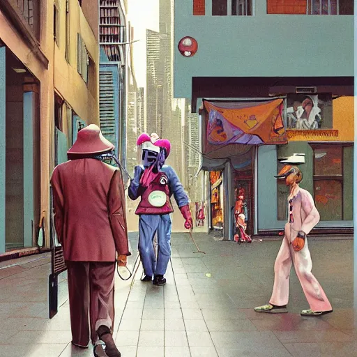 Image similar to a lone robot walking in a city, he has a computer screen for a face, on his head he is wearing a bucket hat made of a flamingo print cloth, by John Harri and Michael Whelan and John Berkey and Robert McCall and Chris Foss and Chris Moore and Vincent Di Fate and Rafał Olbiński and Jim Burns