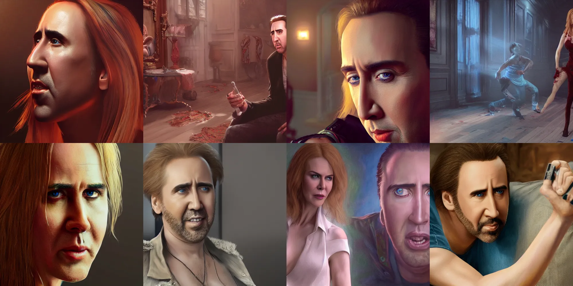 Prompt: An epic fantastic realism style painting of nicolas cage playing as nicole kidman, unreal 5, hyperrealistic, octane render, dynamic lighting