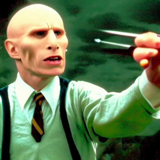 Prompt: harry potter shooting voldemort with a gun, the gun shoots a green magic flare, voldemory is flabbergasted, ultra realistic, motion blur