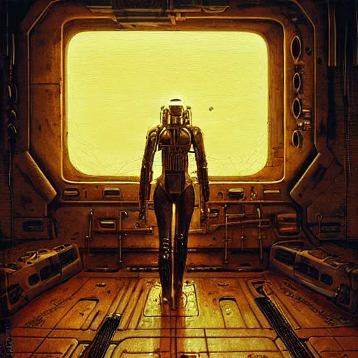 Prompt: sci - fi bounty hunter, atmospheric lighting, painted, intricate, golden hour, ultra detailed by peter gric, giger, enki bilal