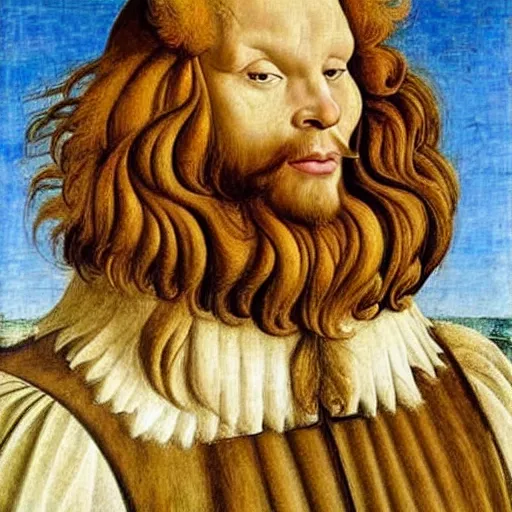 Image similar to beautiful renaissance painting portrait of ginger maine coon with white beard by sandro botticelli, jan van eyck, tiziano vecelli, piero della francesca