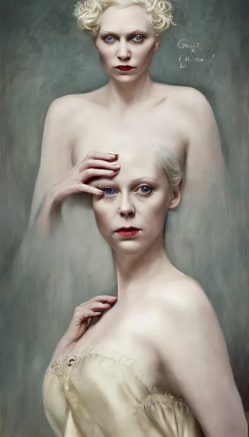 Image similar to exquisite oil painting on canvas of gwendoline christie portraying lucifer, woman's portrait, gorgeous face, goldilocks, porcelain looking skin, piercing stare, unique and intricate painting, stunning ivory dress, elegant, majestic, 4 k, ultra high quality, canon, hyperrealist, by annie leibovitz