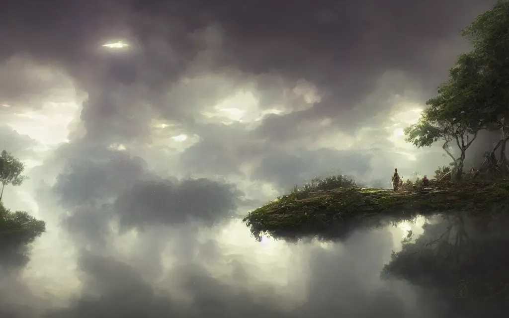 Image similar to ta ha, volumetric lighting, highly detailed, by greg rutkowski, complementing colors, god looking at me, heavy rainy, lofty heavens, water reflection, flowers, hyper realistic, concept art, 8 k detail post - processing, arcane style