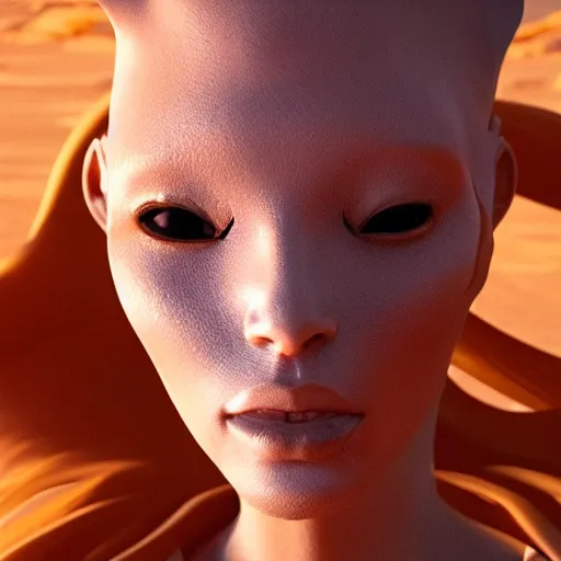 Prompt: a close up of a female woman, synthetic fashion model with large hair, standing on a martian landscape, cinematic movie scene, inspired by the movie the fifth element, by kim jung gi, hyperrealistic, fine details, octane render, volumetric lighting