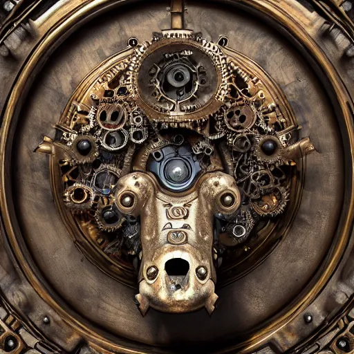 Prompt: A steampunk ornate made of engraved full plate armor and gears shaped in Styracosaurus head at the center, Macro shot by Justin Gerard, unreal engine, physically based rendering