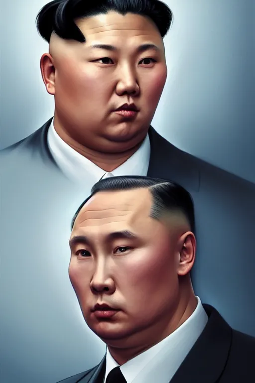 Image similar to vladimir putin with the iconic kim jong un hairstyle, realistic portrait, symmetrical, highly detailed, digital painting, artstation, concept art, smooth, sharp focus, illustration, cinematic lighting, art by artgerm and greg rutkowski and alphonse mucha