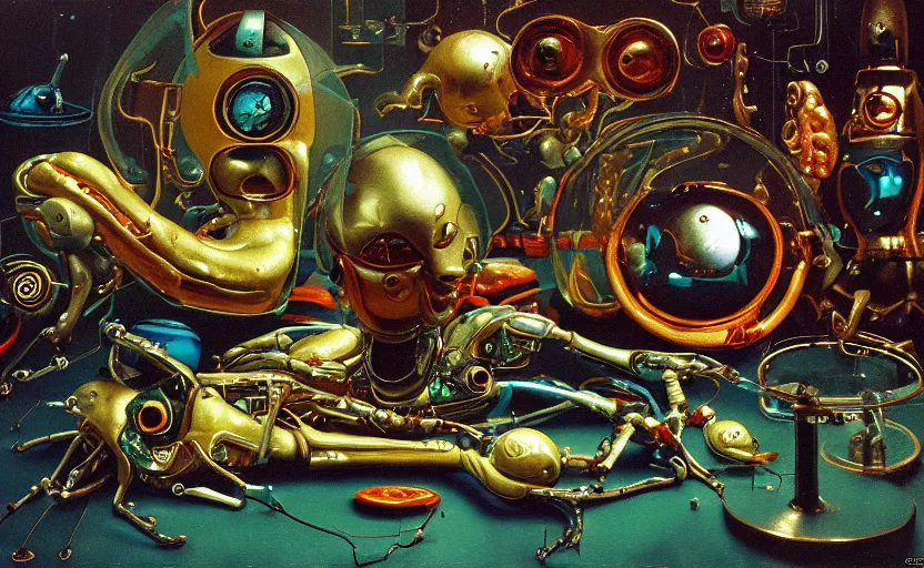 Prompt: strange futuristic robot body, disturbing colorful oil painting dutch golden age vanitas still life sparse composition with bizarre intricate tiny objects strange gooey transparent surfaces shiny metal reflections bizarre mutant meat insects rachel ruysch dali todd schorr very detailed perfect composition rule of thirds masterpiece canon 5 0 mm, cinematic lighting, photography, retro, film, kodachrome