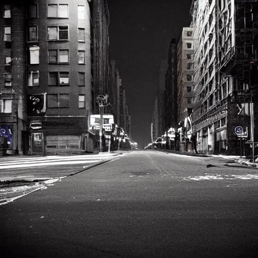 Image similar to color photograph, highly detailed abandoned New York city street at night after the war between humans and AIs, film grain, soft vignette, sigma 85mm f/1.4 1/10 sec shutter, film still promotional image, IMAX 70mm footage