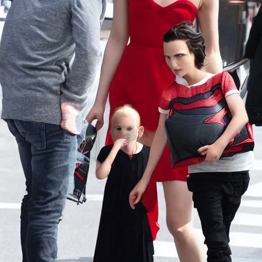 Image similar to An evil little boy with glowing red eyes attempting to steal Gal Gadot's handbag in broad daylight while she glares down at him.