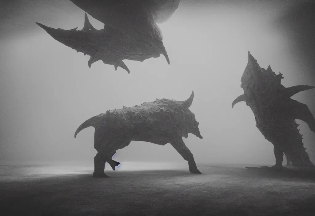 Image similar to light coming out of a bull - like kaiju starfish monster, korean film noir, korean traditional palace, fog, 4 k, video compression, video glitch, monochrome, akira kurosawa