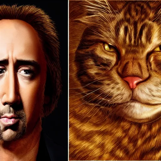 Prompt: nic cage as garfield the cat, buff, painted portrait, highly detailed,