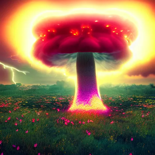 Image similar to a dramatic nuclear explosion but with flowers, mushroom, dramatic lightning, octane render, cinematic rendering, 8k