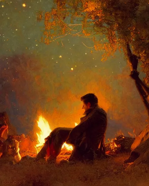 Image similar to very very attractive man counts the stars from beside the fire, his tent is nearby, melancholy, nostalgia, painting by gaston bussiere, craig mullins, j. c. leyendecker