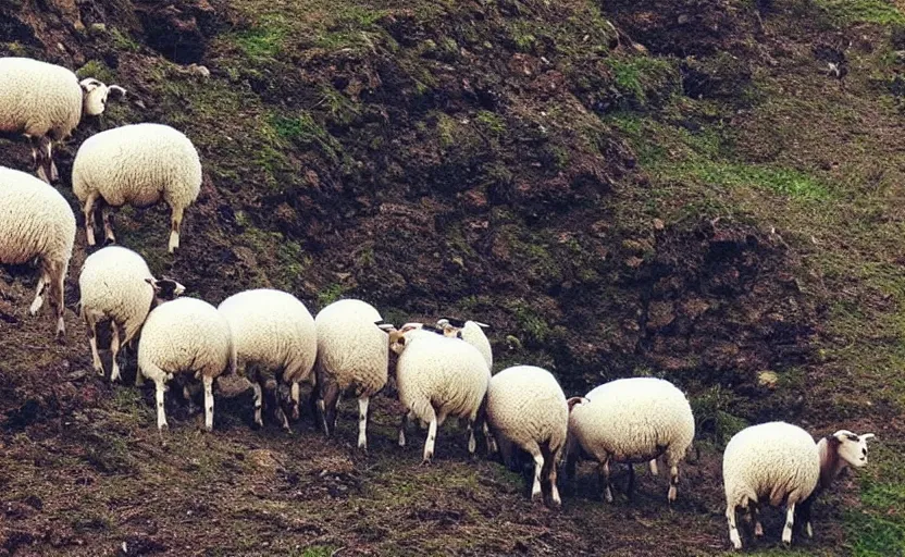 Prompt: “sheep, following other sheep, jumping off a cliff”