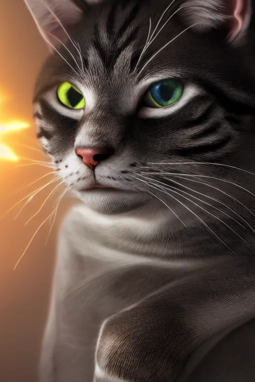 Image similar to funny cat, 8 k ultra realistic, digital art, character portrait, highly detailed, trending on artstation, lens flare, atmosphere, hyper realistic, cinematic lightning, sharp focus, unreal engine 5, extreme details perfect face, pretty face, fine - face, illustration, 8 k, ultra texture, masterpiece