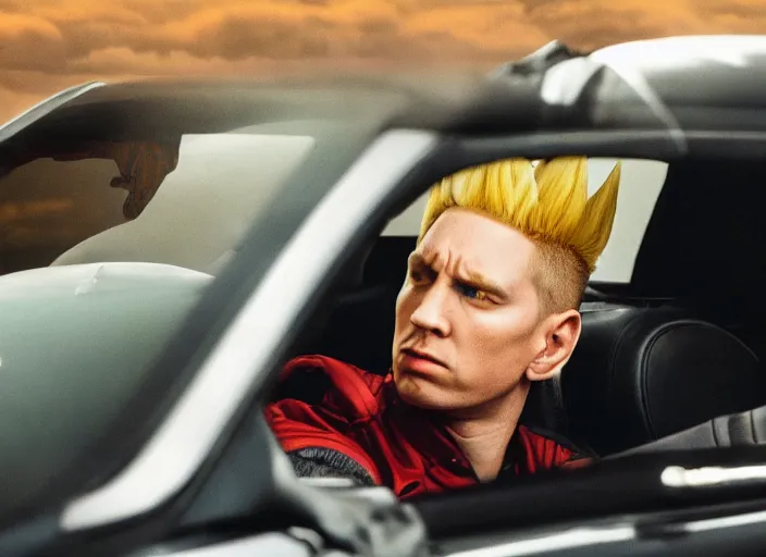 Prompt: a very high resolution image from a new movie, eminem going super saiyan driving a car. inside of a car. alone. mountains, directed by wes anderson