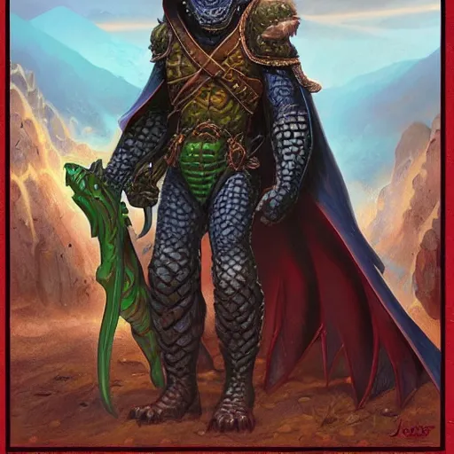 Image similar to symmetry!, a anthro reptile warrior wearing cloak, dnd illustration by jeff easley and dan mumford, character concept trending on artstation