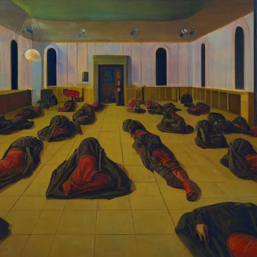 Image similar to apocalyptic scene, prayer, occult, refugees, mosque synagogue interior, gas masks, geometric art, patina, Edward Hopper, PJ Crook