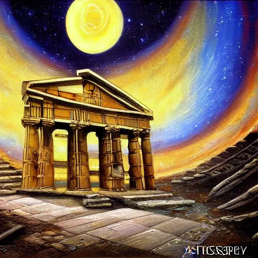 Prompt: hellenic architecture, galactic astral realm journey in oil painting, trending on art station, surrealist art