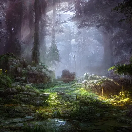 Image similar to ancient ruins in the forest, beautiful, atmosphere, vibe, mist, rain, puddles, fern, flowers, concept art illustration, color page, tone mapping, akihiko yoshida, james jean, andrei riabovitchev, marc simonetti, digital illustration, greg rutowski, volumetric lighting, sunbeams, particles