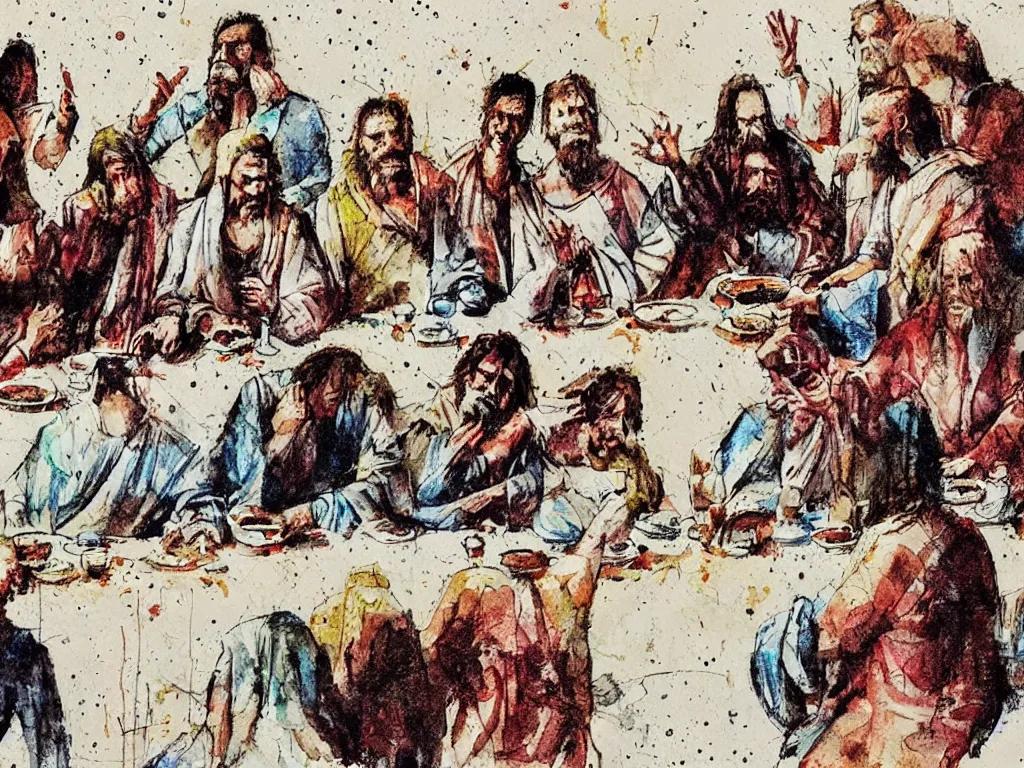 Prompt: a distressed mixed media illustration of the last supper by bill sienkiewicz, asheleywood,