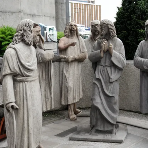 Image similar to religious debate between people in front of concrete statue of Christ