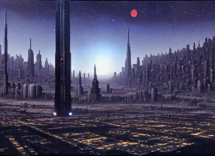 Prompt: the city and the stars, matte painting, peter elson, incredible detail