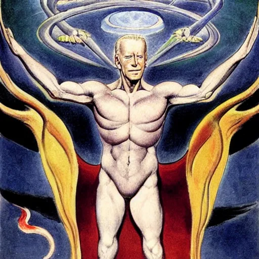 Prompt: joe biden as demiurge creating 1 9 5 0 s world, painting by william blake and jon mcnauhgton