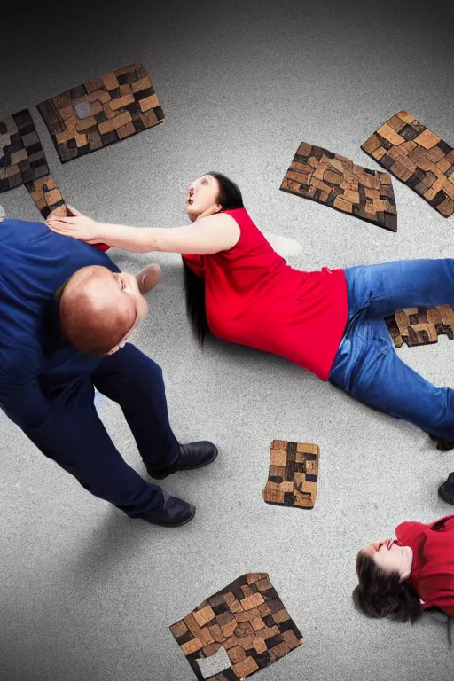 Image similar to man breaking into pieces while a woman tries to hold the fallen parts, surreal, spawn