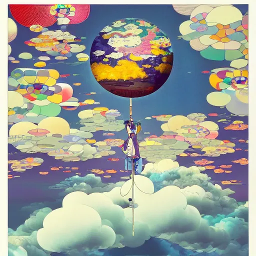 Image similar to a man walking on clouds away from the camera above kyoto by takashi murakami, beeple and james jean, aya takano color style, 4 k, super detailed, modern, 4 k, symmetrical