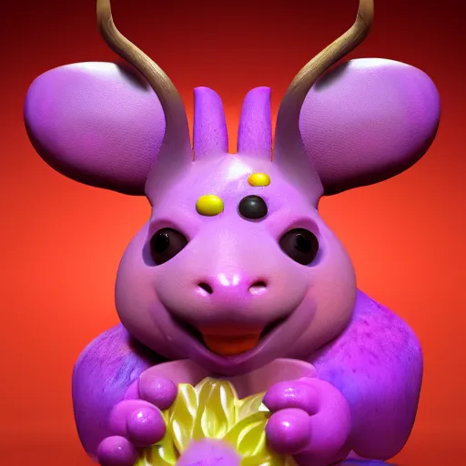 Image similar to 3 d render, highly detailed, purple ancient antler deity, yellow rat pig, holding a red orchid, laughing, brightly lit pink room