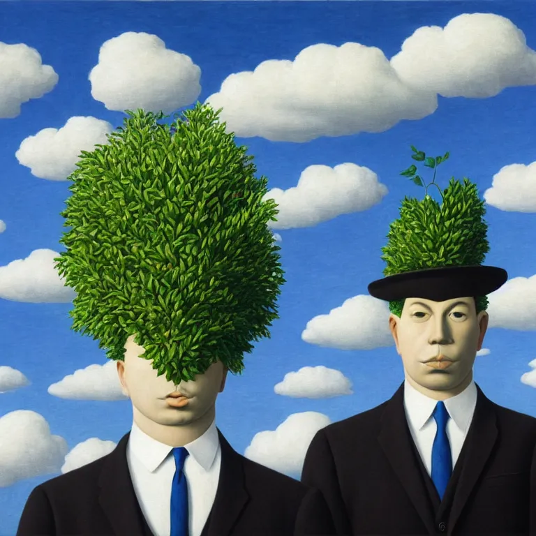 Image similar to portrait of a faceless beautiful flower - head man in a suit, clouds in the background, by rene magritte, detailed painting, distance, middle centered, hd, hq, high resolution, high detail, 4 k, 8 k