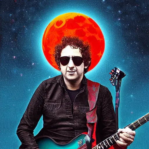 Prompt: gustavo cerati playing on the red moon, digital art, highly detailed