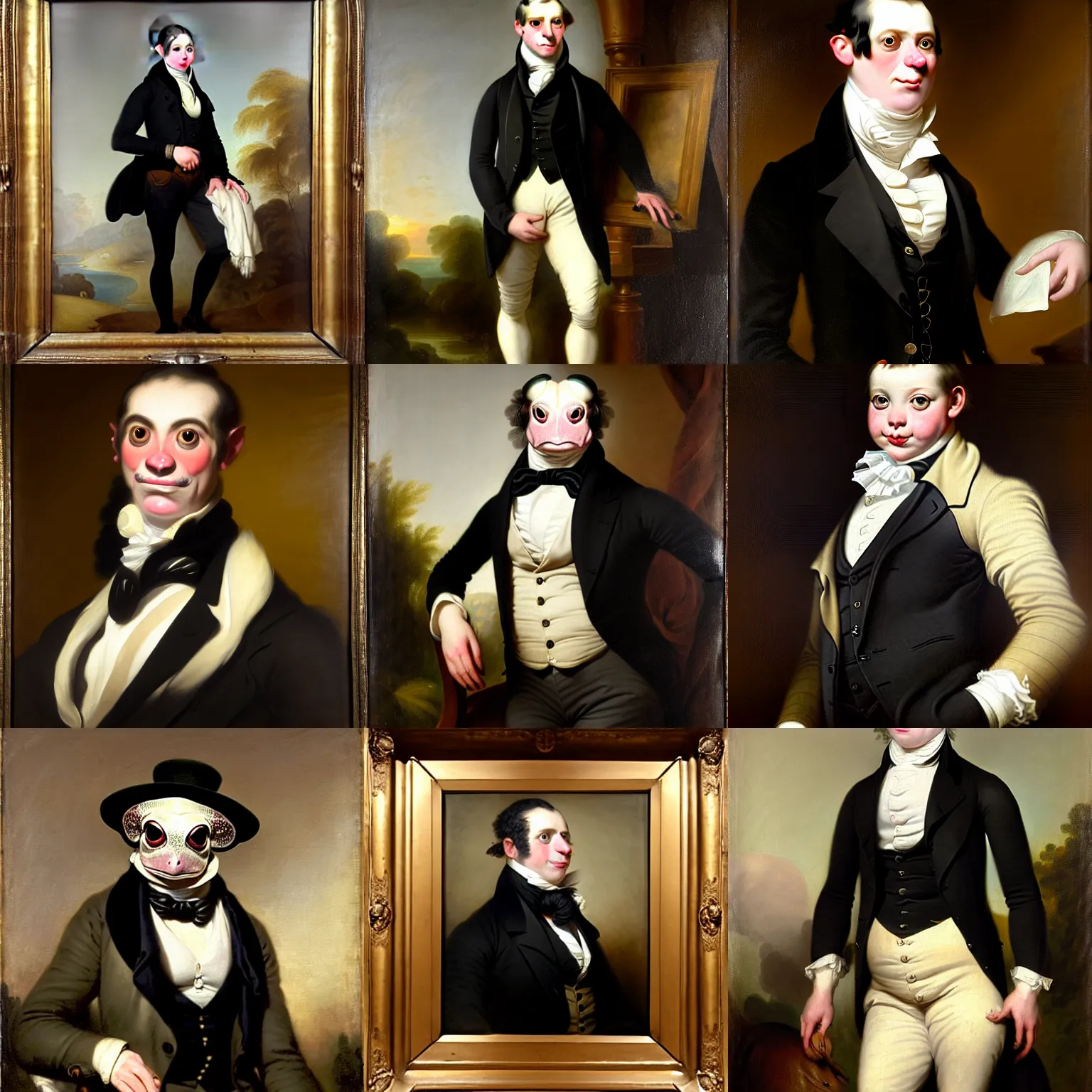 Prompt: an anthropomorphic amazon milk frog wearing a black buttoned waistcoat with a white scarf, an american romanticism painting by john trumbull, a portrait painting, cgsociety, soft focus, oil on canvas