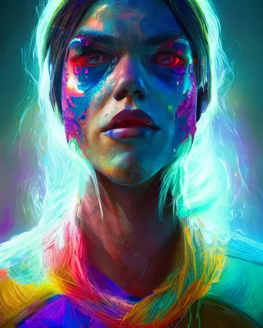 Image similar to colorful detailed portrait of a hippie, set in the future 2 1 5 0 | highly detailed | very intricate | symmetrical | professional model | cinematic lighting | award - winning | painted by mandy jurgens | pan futurism, dystopian, bold colors, cyberpunk, groovy vibe, anime aesthestic | featured on artstation