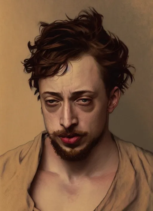 Image similar to Gigachad Sam Hyde puffing his chest, sigma male, accurately portrayed, portrait art by alphonse mucha and greg rutkowski, highly detailed, digital painting, concept art, illustration, dim lighting with twilight rays of sunlight, trending on artstation, very detailed, smooth, sharp focus, octane render, close up