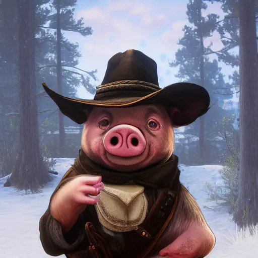 Image similar to cute little anthropomorphic Pig in Red Dead Redemption 2 (2018 videogame) cover art, ultra wide lens shot , tiny, swine, hug, small, short, cute and adorable, pretty, beautiful, DnD character art portrait, matte fantasy painting, DeviantArt Artstation, by Jason Felix by Steve Argyle by Tyler Jacobson by Peter Mohrbacher, cinematic lighting