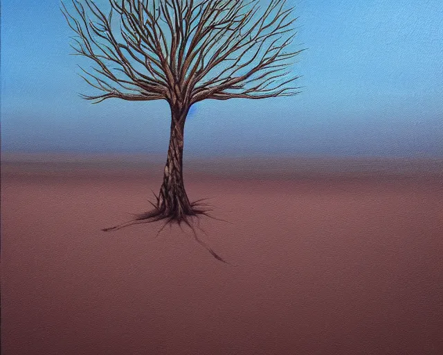 Image similar to a painting of a tree in the desert, an airbrush painting by breyten breytenbach, detailed sand pattern, cgsociety, neo - primitivism, airbrush art, dystopian art, apocalypse landscape