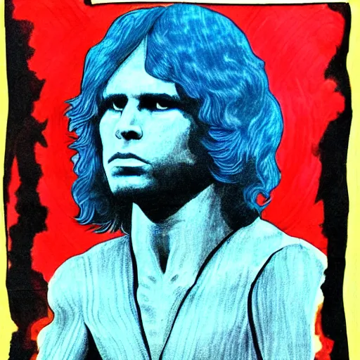 Image similar to Jim Morrison, The Doors, 1970's, Detailed, Mixed Media, Cream paper, black, red, cyan, DeviantArt