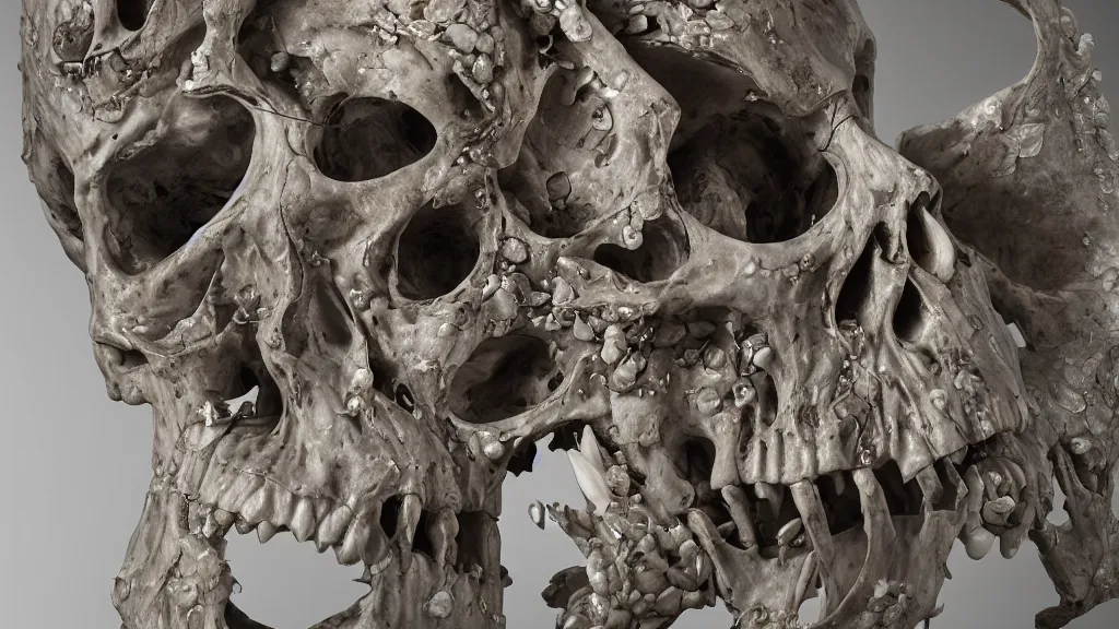 Image similar to skull of mystery, an epic sculpture made of marble and ivory, by gustave dore, by emil melmoth, by alphonse mucha, hell, sculpture standing on in a large studio space, monumental, epic, rococo, generative, detailed, intricate, volumetric lighting, realistic, octane render, 2 0 % pearlescent detailing