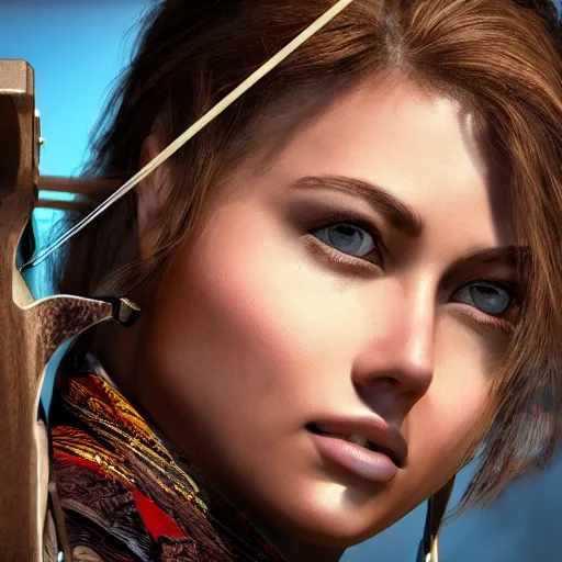 Prompt: photo realistic, consistent and highly detailed face, a attractive woman in archery, hunting - bow, uhd 8 k, highly detailed
