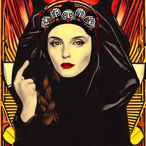 Image similar to Illustrated by Shepard Fairey and H.R. Geiger | a renaissance style portrait painting of raven winged female vampire with VR helmet , wearing a crown and cape, , surrounded by cables, dark background