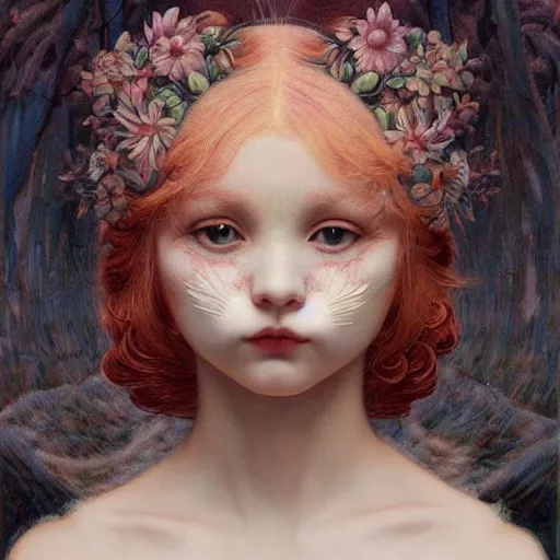 Image similar to white cat girl, botanical, portrait face, colorful, frantisek kupka, intricate, miles johnston, kuroda seiki, cynical realism, ozabu, john william godward, painterly, yoshitaka amano, moebius, miles johnston, louise zhang, james jean, mark ryden lowbrow pop surrealism art style