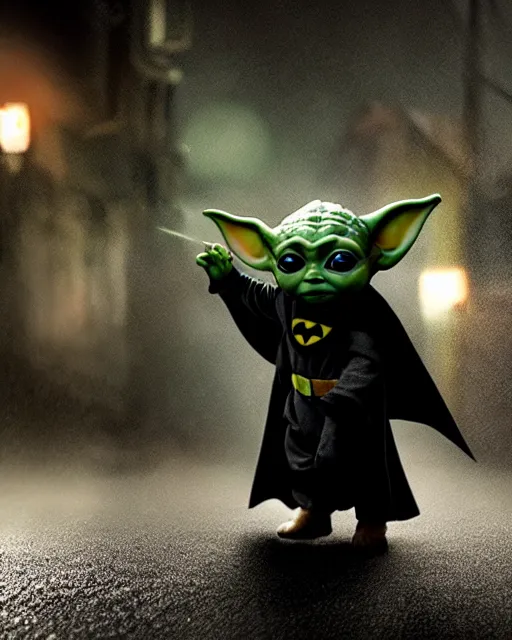 Image similar to epic closeup cinematic still of baby yoda as batman wearing batman costume with batcape as batman in atmospheric rainy alleyway in the style of batman the dark knight rises, 8 k backlit, rim lighting, dramatic moonlight lighting, beautiful composition